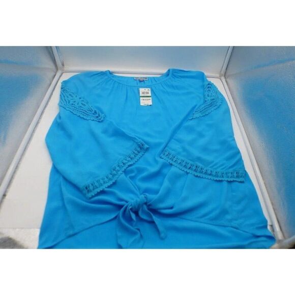 $49.50 JM Collection Petite Lace Embellished Tie-front Top, Large, Reef Aqua - Picture 11 of 12